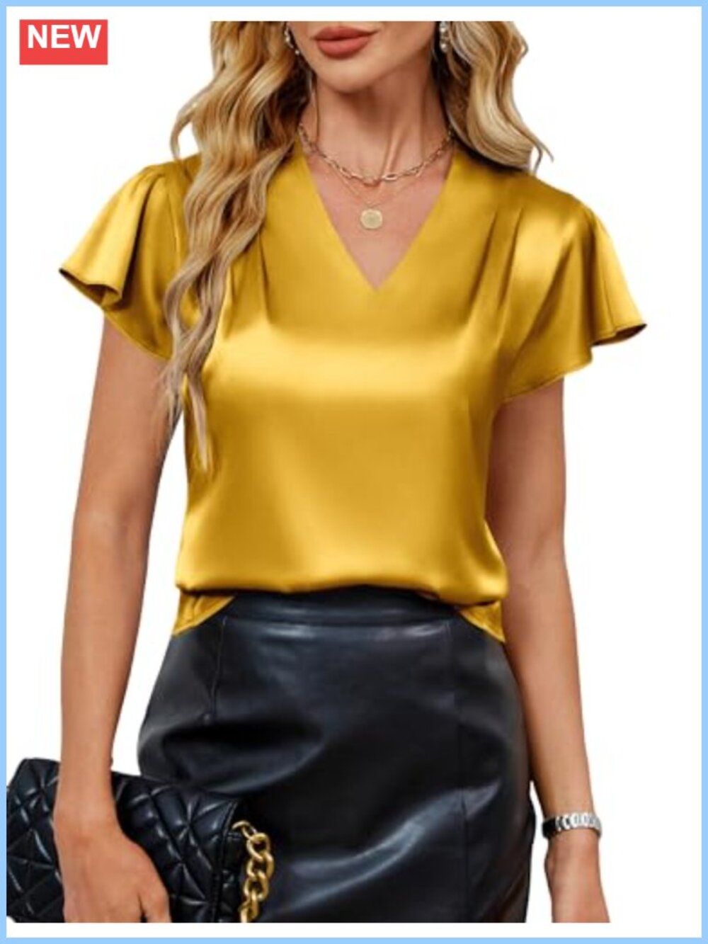 Satin Ruffle Sleeve V-Neck Blouse Pleated Flowy Business Casual